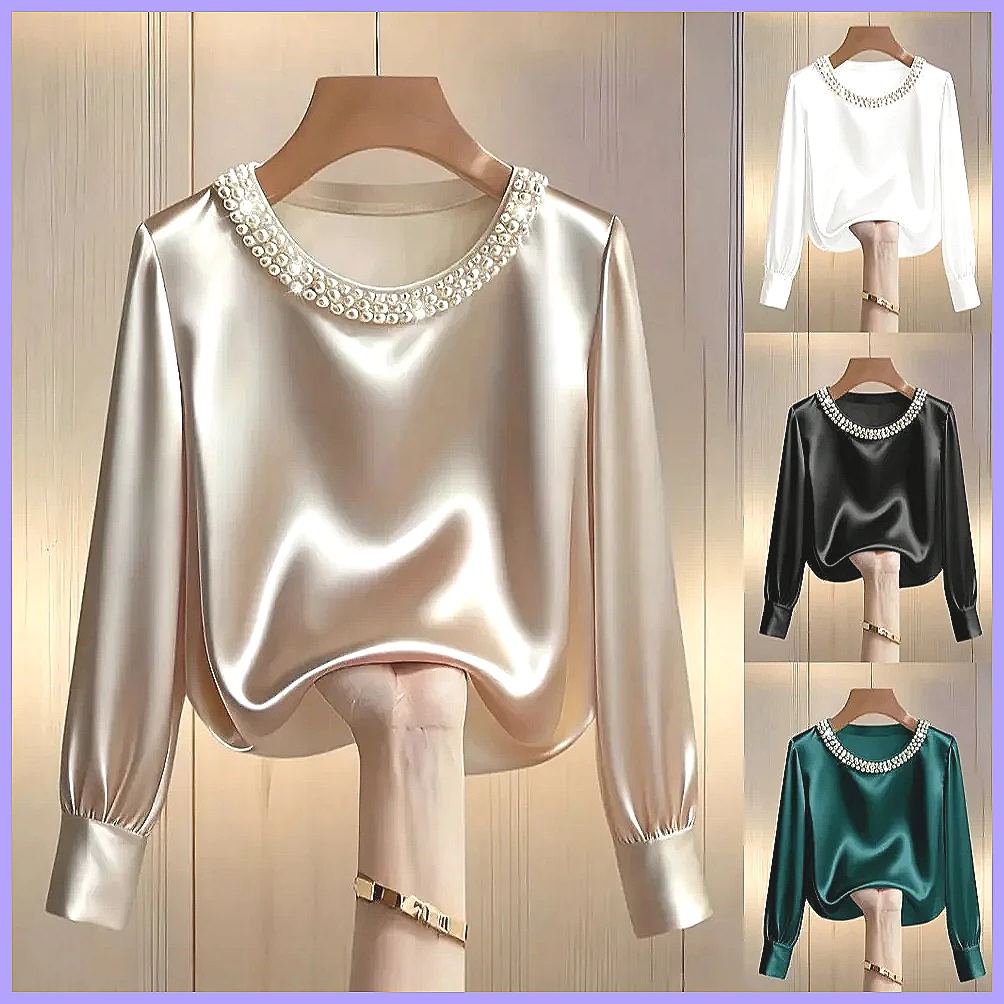 Shirts - Elegant Beaded Satin Blouse for Women,