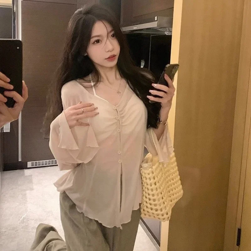 Shirts - Sheer Flare Sleeve Blouse - Y2K