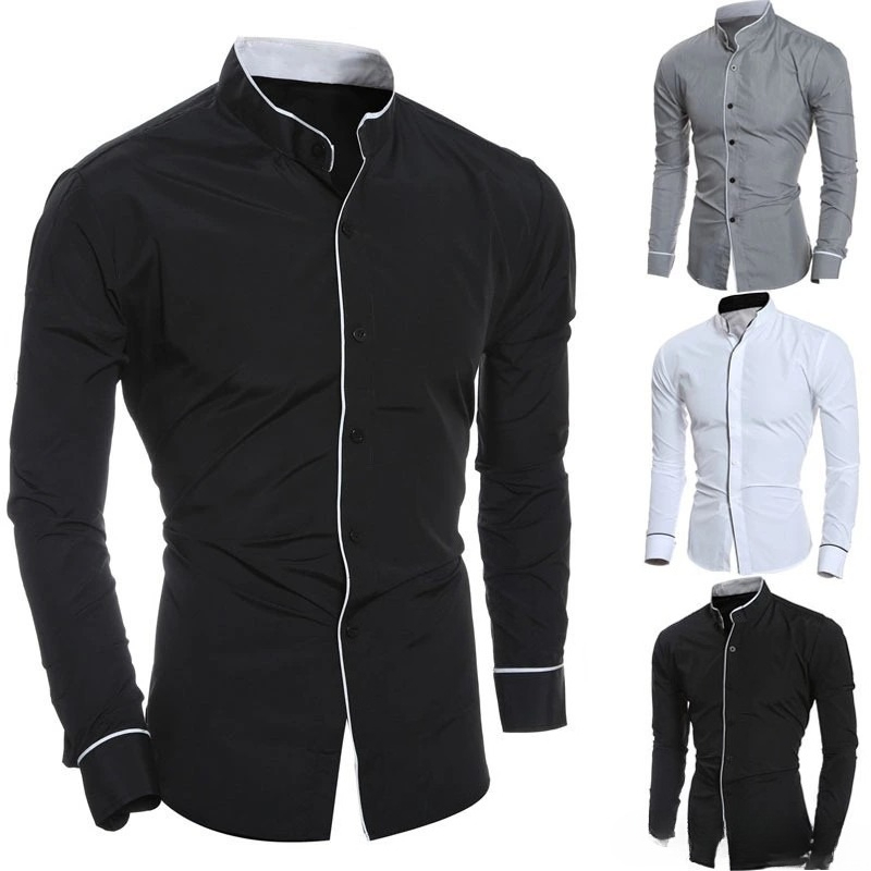 Men Slim Fit Solid Color Long  - đánh giá và giá Mandarin Collar Formal Shirt Slim Fit
