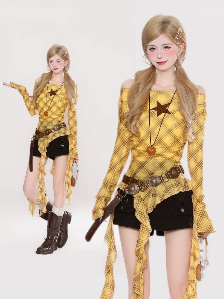 Y2K Plaid Slash Neck Vintage T - đánh giá và giá T-Shirts