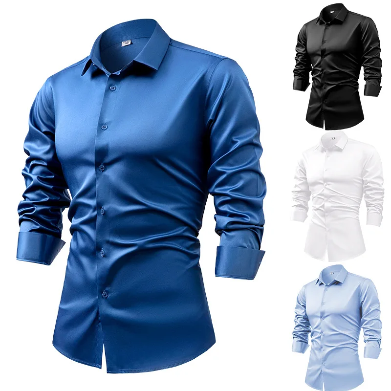 2025 Spring Autumn Royal Blue  - đánh giá và giá Mens Satin Silk Dress Shirt