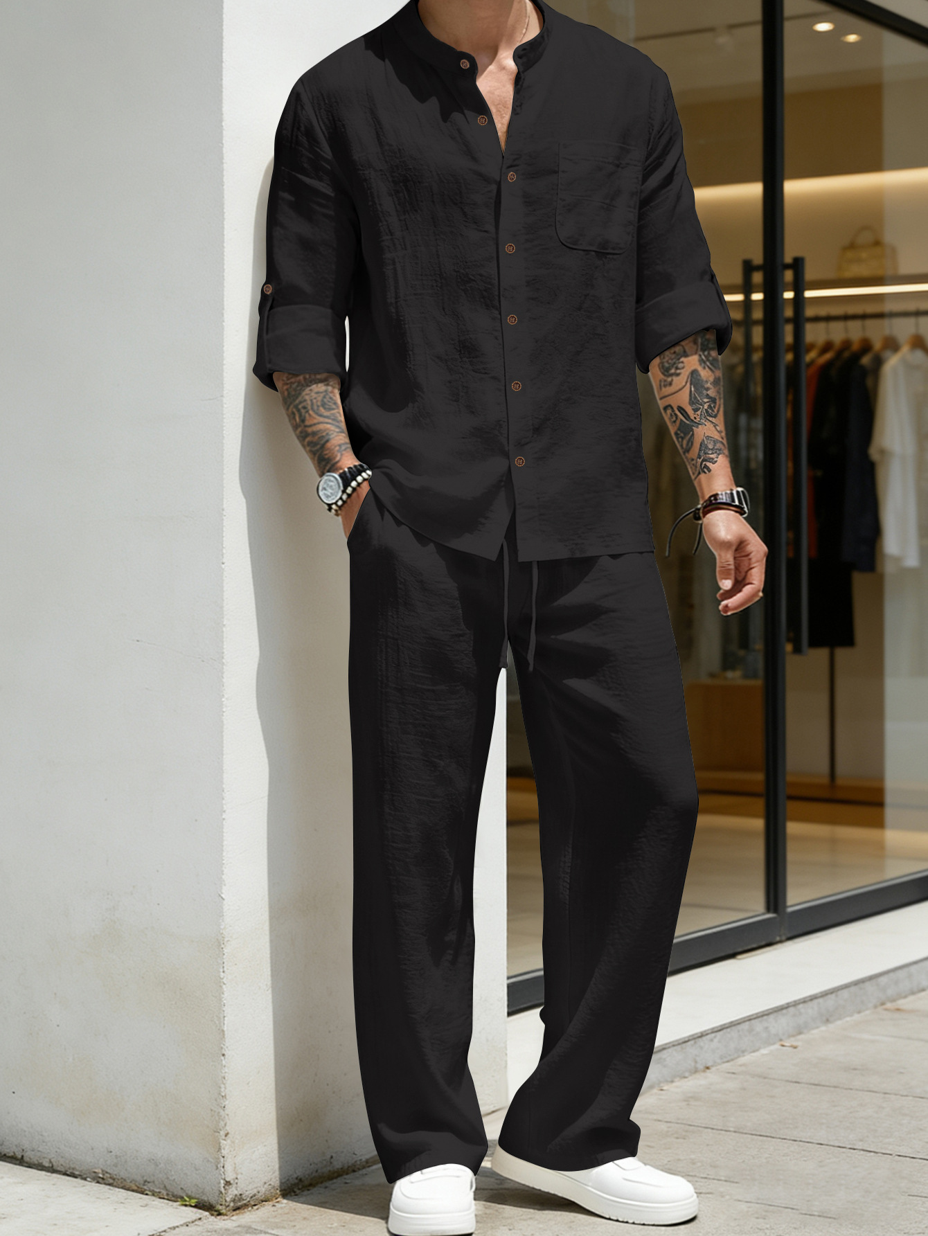 Suit Loose Linen Long Sleeve S - đánh giá và giá Mens Linen Shirt Long Sleeve