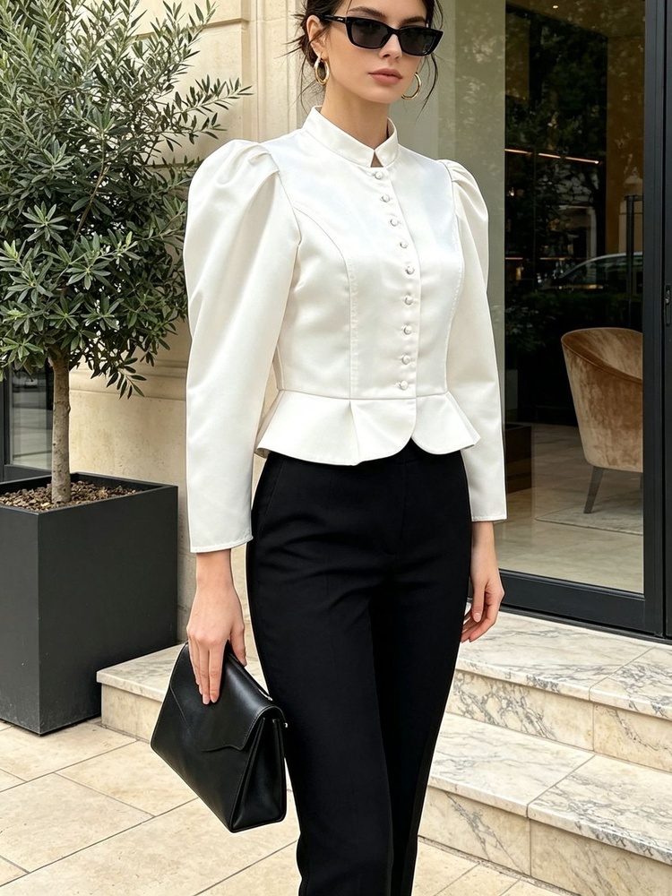 Peplum Blouse Long Sleeve Puff - đánh giá và giá Mandarin Collar Formal Shirt Slim Fit