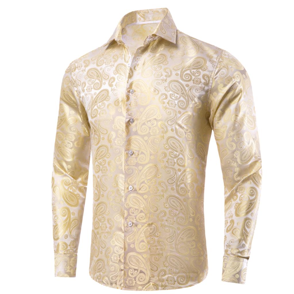 Hi-Tie Gold Beige Ivory Champa - đánh giá và giá Mens Satin Silk Dress Shirt